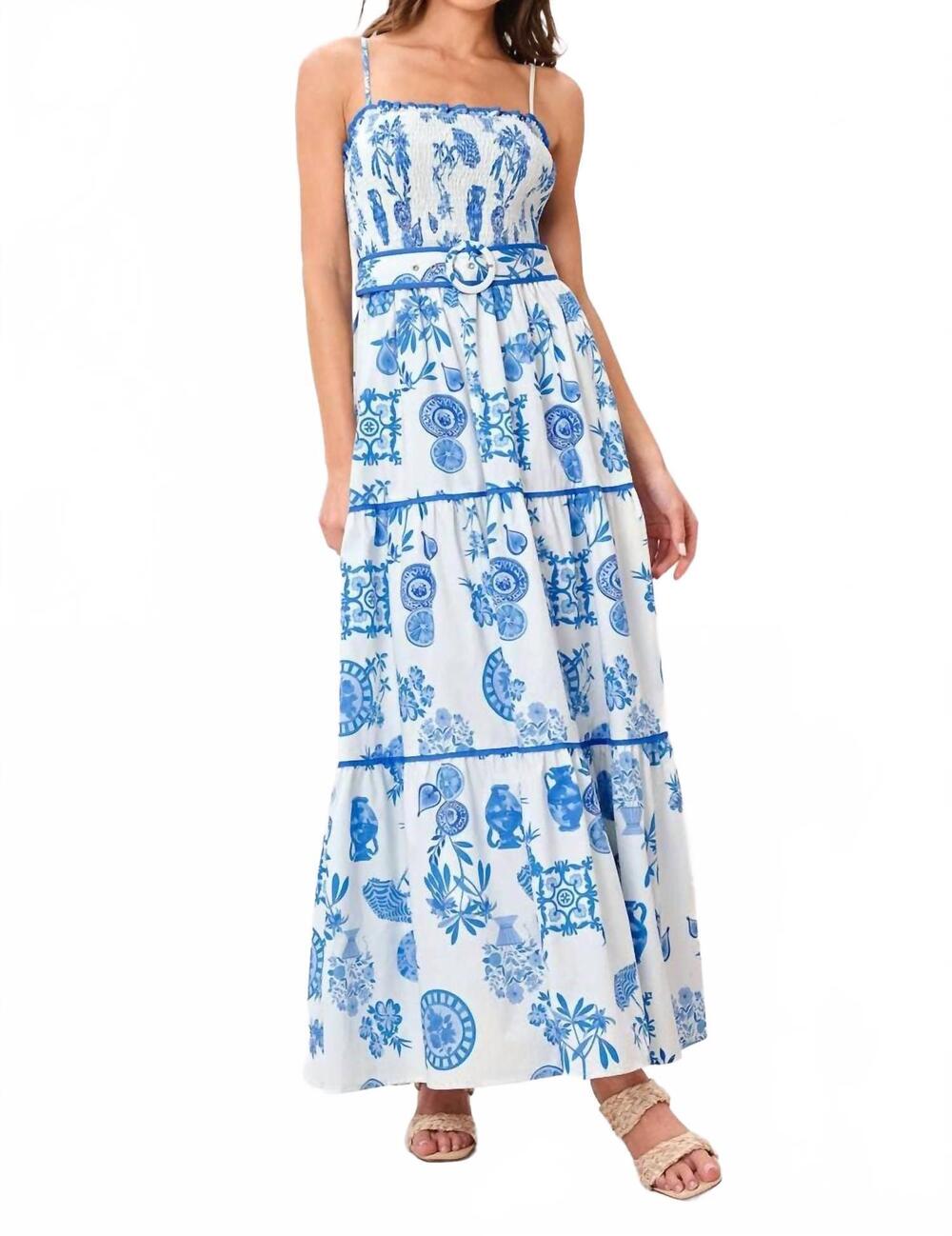 NEW FLYING TOMATO printed woven maxi dress in ivory blue